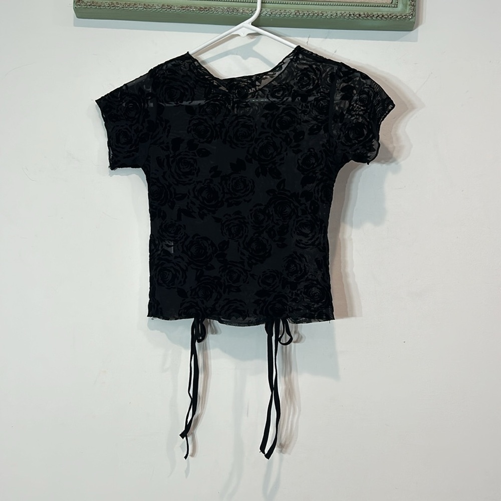 Brand new current mood mesh tender love black short sleeve crop top velvet rose - Picture 6 of 6